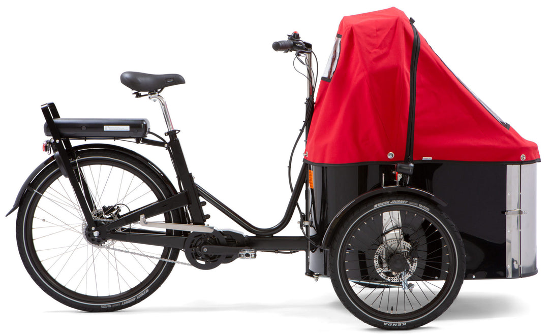 Nihola Dog GEN2 el ladcykel til hunde set fra siden med rødt kaleche